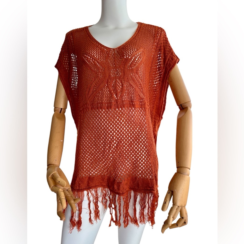 Boho Women’s Crocheted Poncho Swim Cover Up Fringe Hem Pumpkin Spice tunic